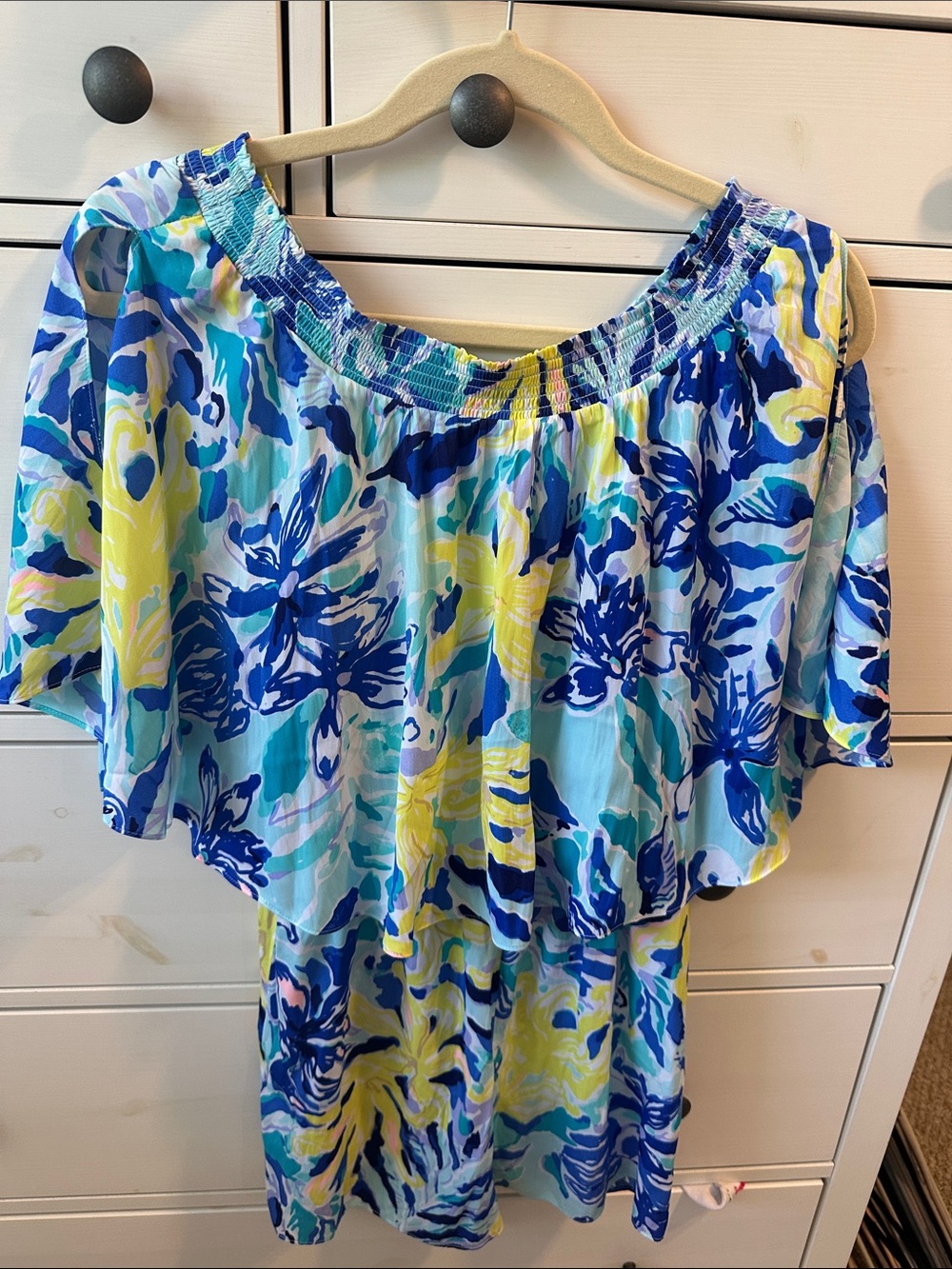 Lilly Pulitzer Blue, Navy & Yellow Floral Off-Shoulder Flounce Romper